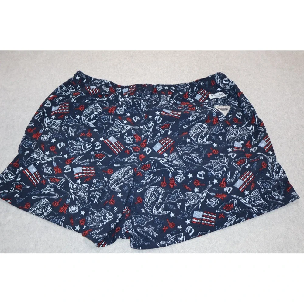 Columbia PFG Lined Swim Trunks Mens XL Navy Blue Fishing American Flag Print